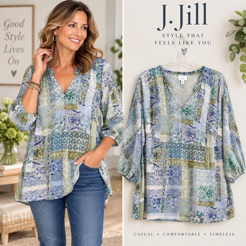 J.Jill Women XL Patchwork Paisley Floral Tunic Blouse 100% Rayon Boho Blue Green